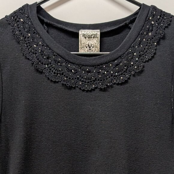 Vocal Knit Tank Top w/ Rhinestone Embellished Neckline in Black - Picture 5 of 7